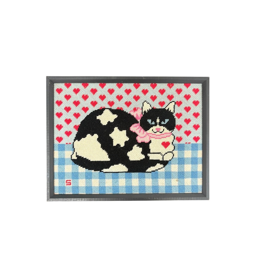 Vintage Framed‎ Needlepoint Tuxedo Cat Hearts Gingham Blue Checkered Wall Art